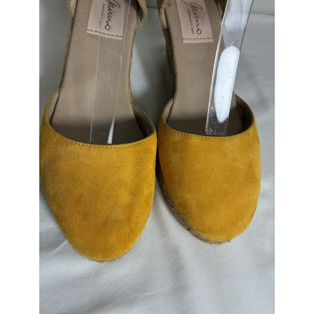Gaimo Wedge Sandal Sz 9 Yellow Suede Espadrille Handmade In Spain Round toe Rope